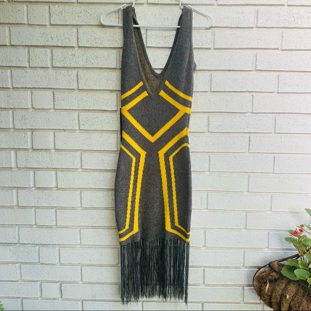 Wow Couture | Gray & Yellow Fringe Sleeveless Sweater Dress Small